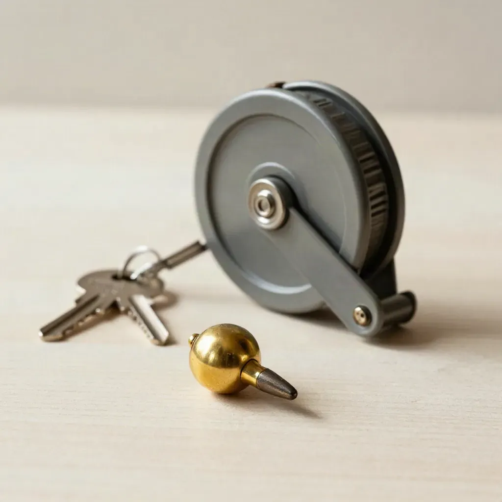 Brass plumb bob, chalk line reel and keys on pale wood in a clean site survey still life.
