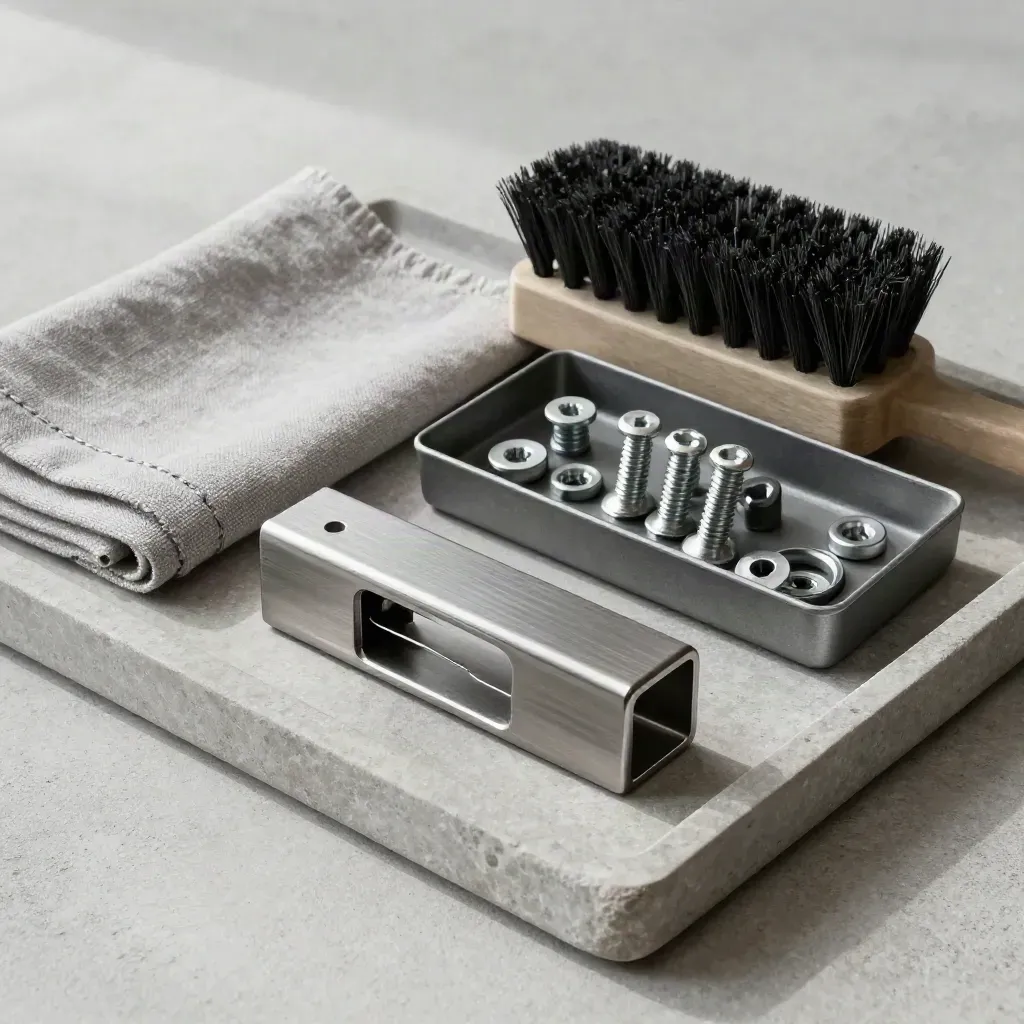 Gate latch, fixings tray, dust sheet and brush on a concrete tray, softly lit.