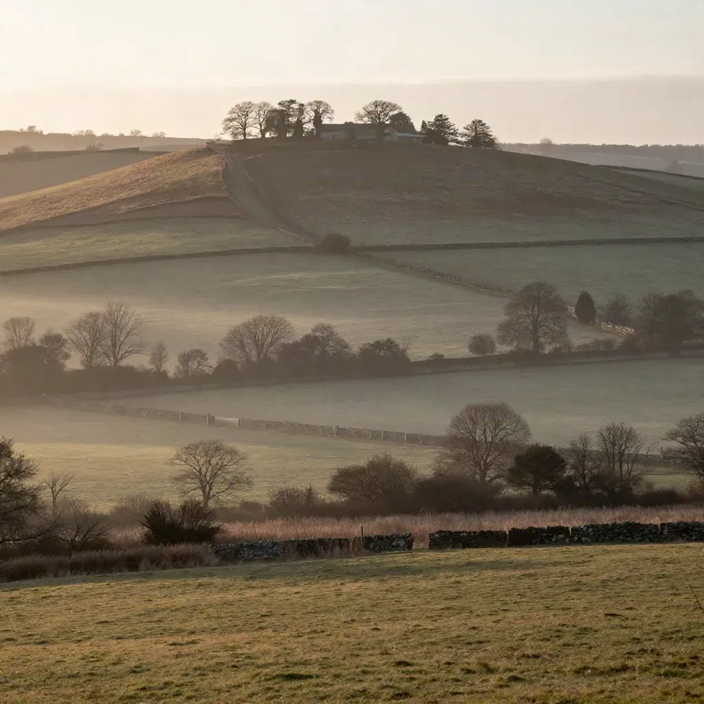 Misty Warwickshire hills and hedgerows at dawn over calm open fields.