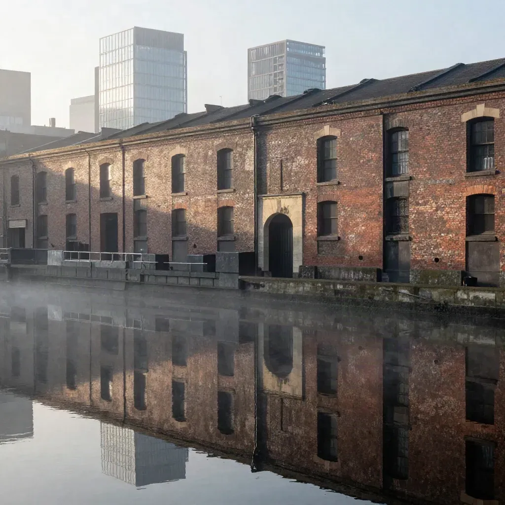 Birmingham canal warehouses and glass towers reflected in misty dawn water