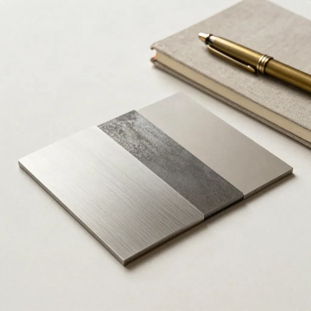 Three steel finish samples, a closed notebook and brass pen cap on a pale plaster sweep.