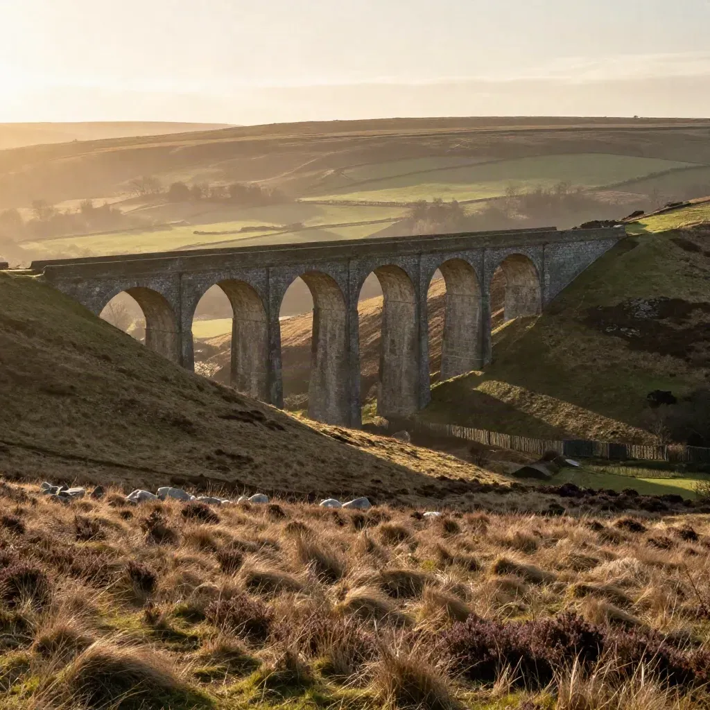 Staffordshire ridge and viaduct over a hazy valley at golden hour