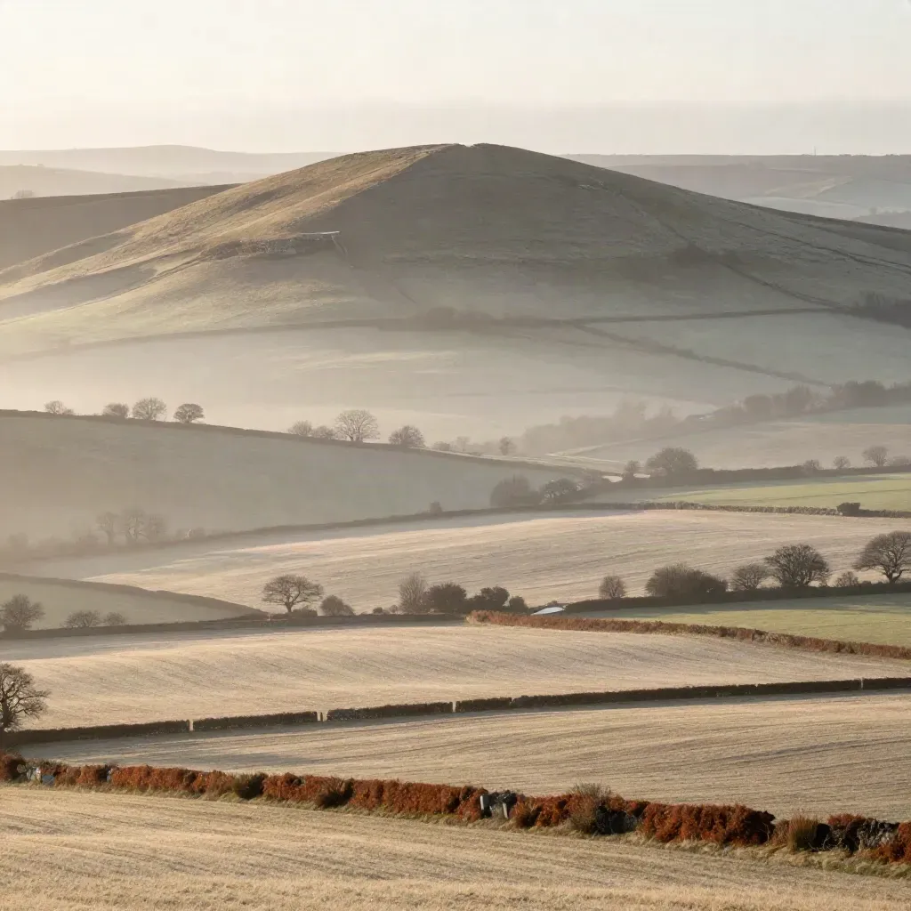 Malvern Hills above misty Worcestershire fields at dawn, calm open valley below.