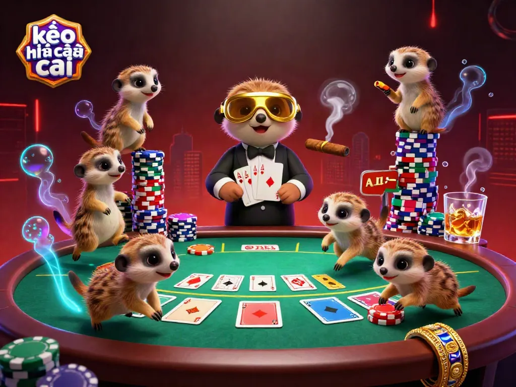 The meerkat colony expertly manages a 'kèo nhà cái' casino with dynamic poker elements and colorful chips.