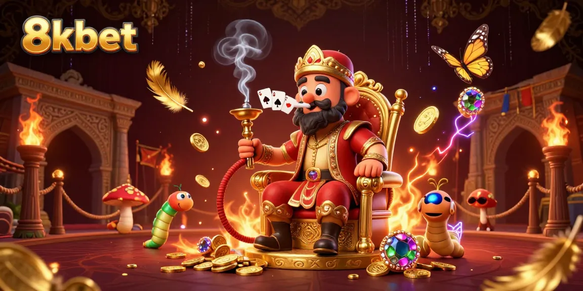Experience thrilling gameplay with 8xbet amidst enchanting visuals featuring a regal hookah-master and poker symbols.