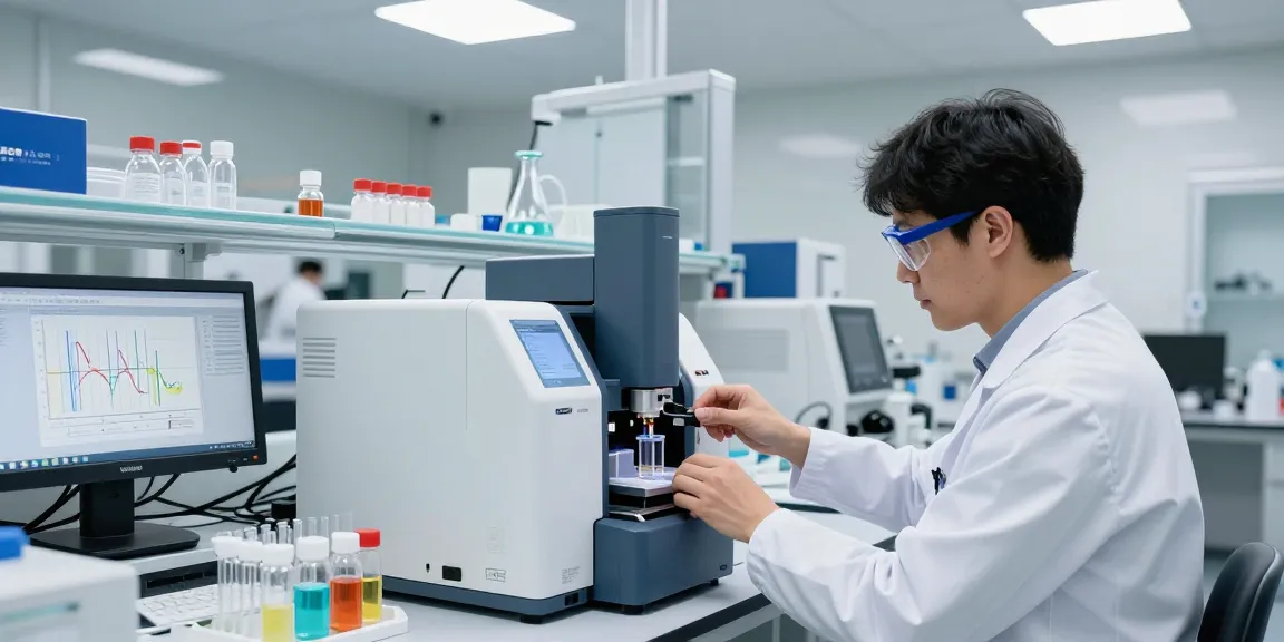 Aegean Labs Peptide testing in advanced laboratory with HPLC analysis equipment and vibrant samples.