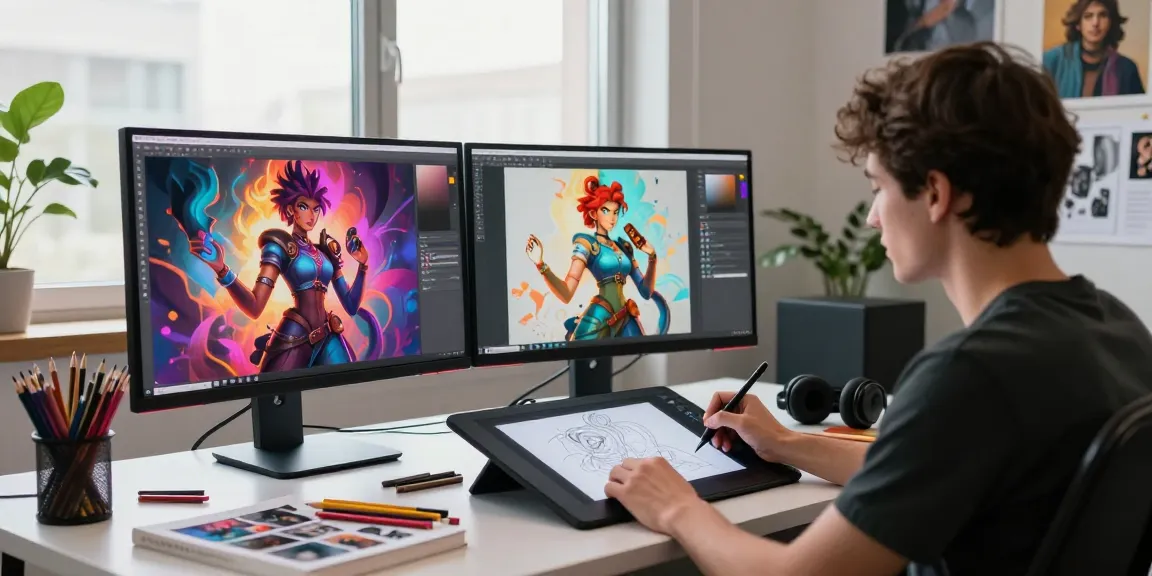 Creating ai nsfw art in a vibrant digital studio with dual monitors and artistic tools
