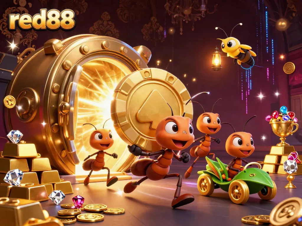 Experience thrilling moments at red88 while ants carry a giant poker chip in a vibrant casino heist scene.