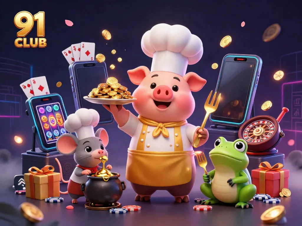 Engage with the exciting world of 91 CLUB featuring a chef pig serving gold coins amidst dynamic gaming elements.