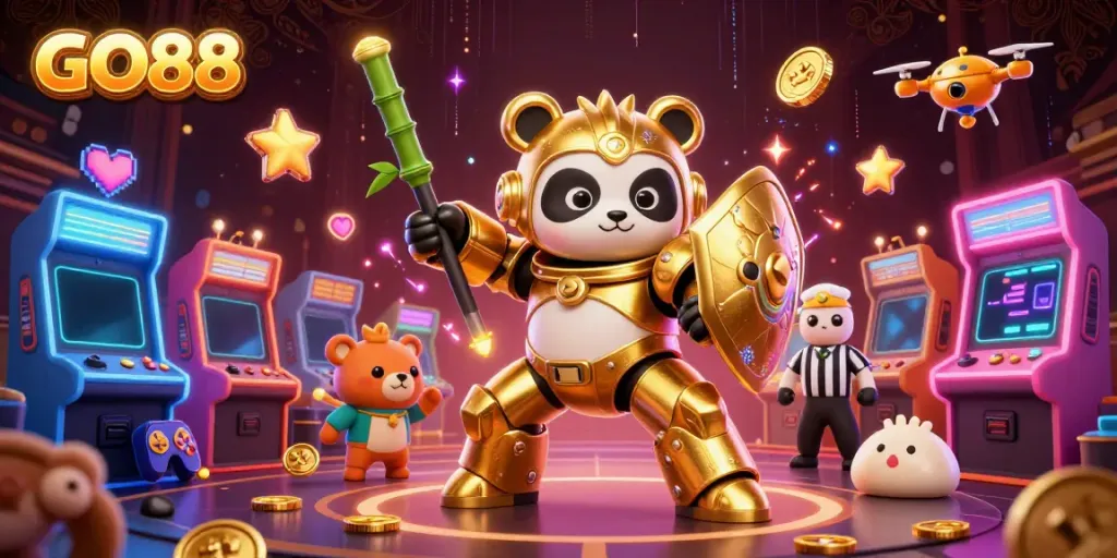 Join the excitement at GO88 with a dynamic scene of a golden panda piloting a robot in a vibrant gaming arena.