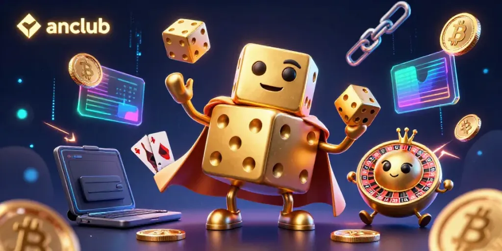 manclub showcases an animated casino scene featuring golden dice and crypto elements highlighting gaming strategies.