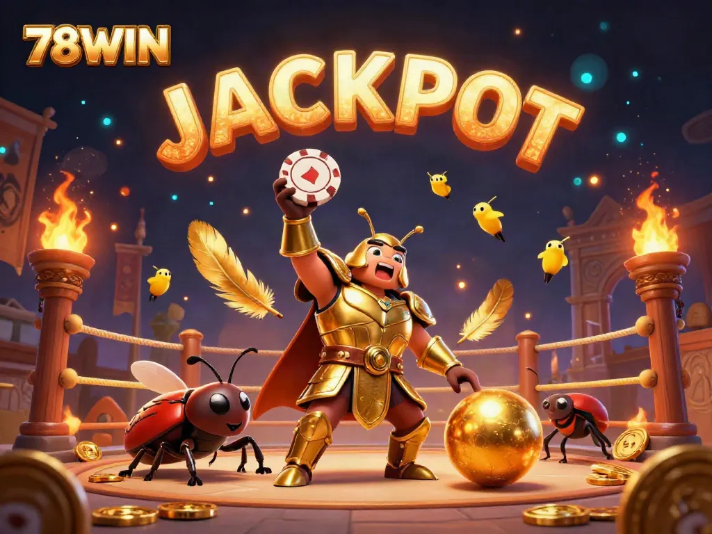 Experience the thrill of 78WIN with a victorious beetle hero in a vibrant casino atmosphere, celebrating winning moments.