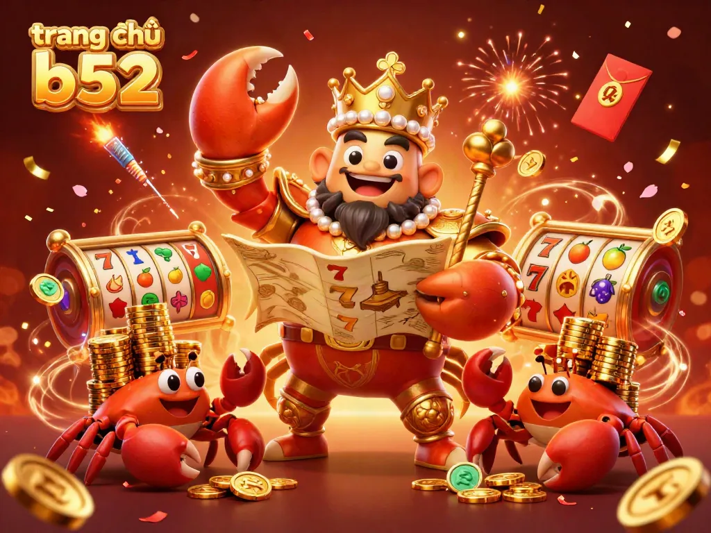 Experience the vibrant energy of trang chủ b52 with a spectacular 3D casino scene featuring a golden crab emperor and interactive game elements.