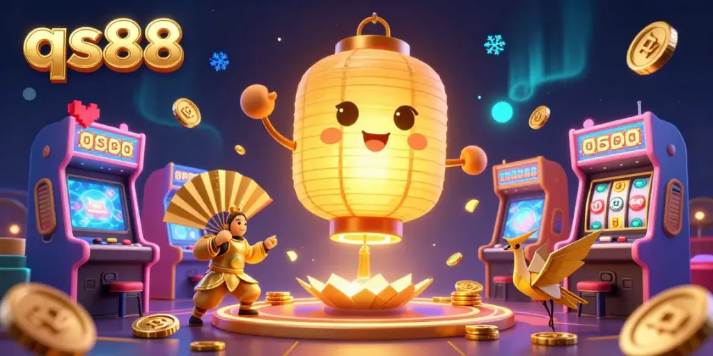 Engage in thrilling gaming at qs88 with a vibrant 3D casino scene featuring unique characters and dynamic elements.