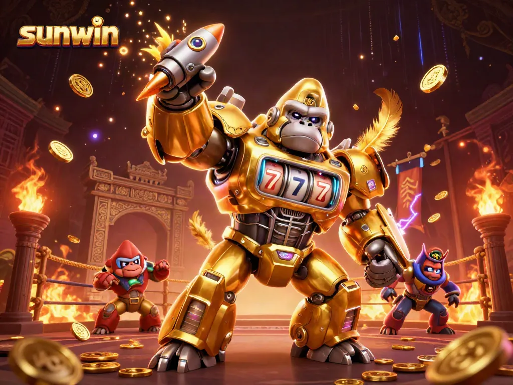 Experience thrill with sunwin as a golden gorilla mech showcases spectacular casino action.