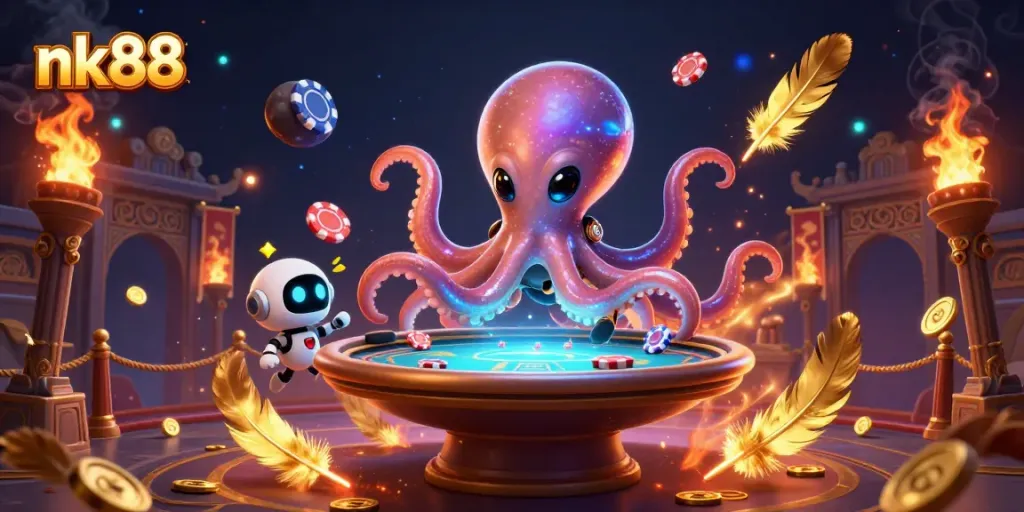 Experience the thrill of nk88 as an alien octopus plays poker with holographic chips in a cosmic setting.