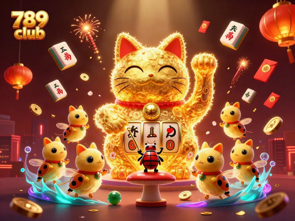 Experience the vibrant energy of 789 club with a lucky cat illustration and casino symbols.