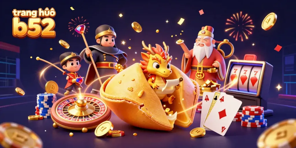 Join the thrilling action on trang chủ b52 with vibrant casino scenes and iconic symbols of luck.