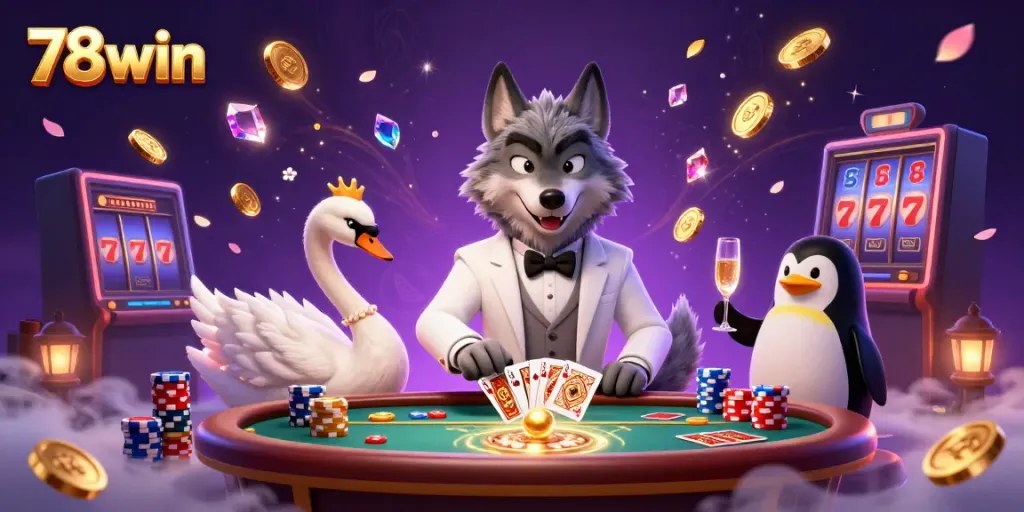 Experience the thrilling ambiance of 78win casino with 3D characters enjoying baccarat, roulette, and vibrant gaming elements.