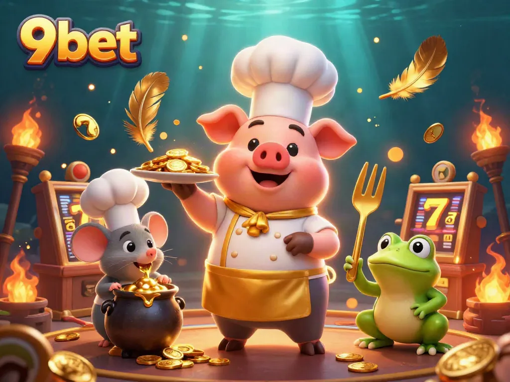 Engage with 9bet in this lively casino scene featuring gold coins, slot machines, and fun characters.