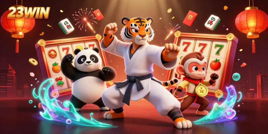 Experience thrilling wins with 23WIN in a vibrant casino scene featuring dynamic game elements.