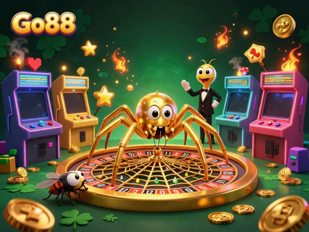 Engage in thrilling action with Go88 as a cartoon spider spins a golden roulette wheel surrounded by vibrant gaming elements.