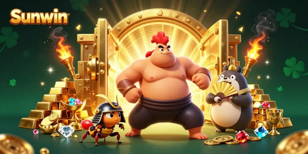 Win jackpots with Sunwin featuring a powerful sumo rooster, fierce cricket, and tanuki announcer amidst golden treasure.