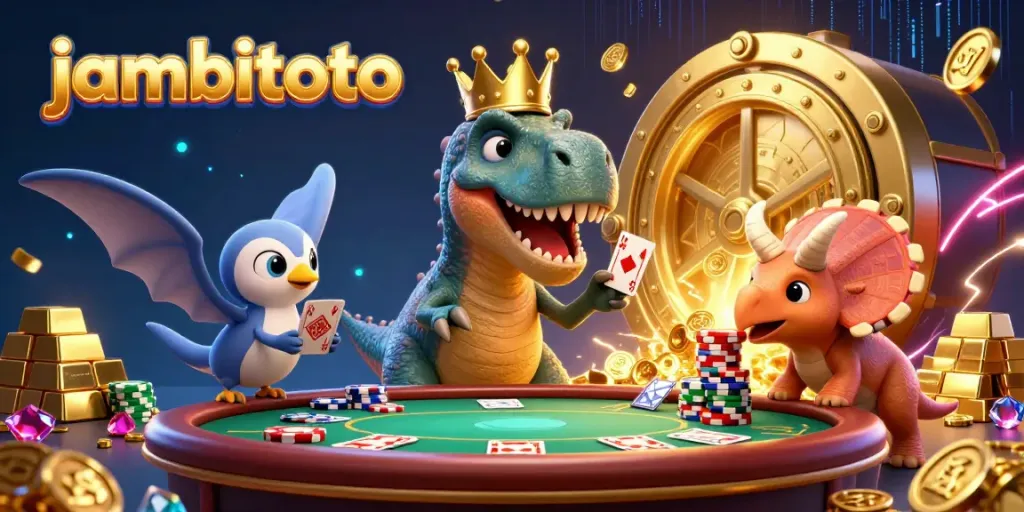 Experience jambitoto’s thrilling casino world with a T-Rex, cards, and vibrant poker elements.