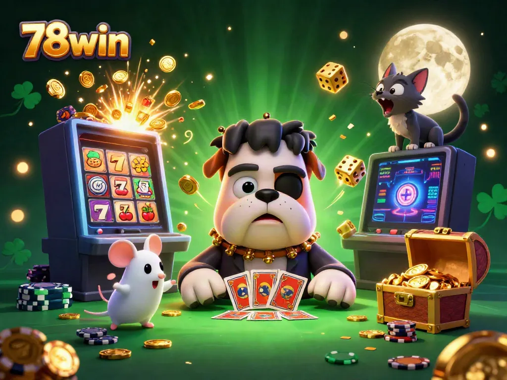Experience the excitement of 78win with a lively casino scene featuring unique characters and dynamic gaming elements.