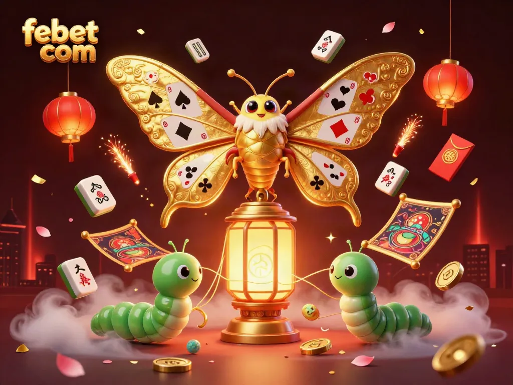 Experience the thrills of febet com with a vibrant 3D illustration featuring an atlas moth and casino elements.