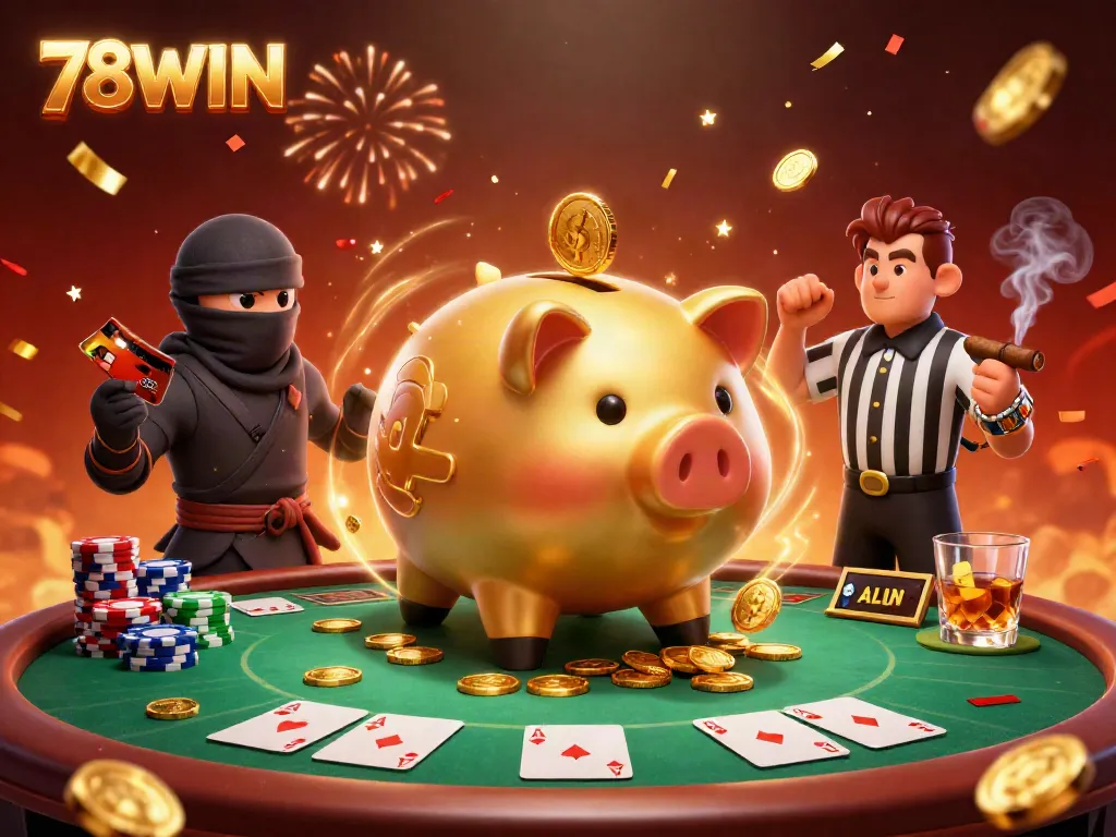Experience thrilling gameplay at 78WIN with a golden piggy bank sumo wrestler surrounded by poker elements.