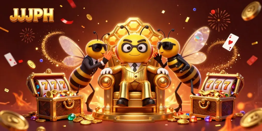 Engaging JJJPH casino scene with a bumblebee mob boss, slot reels, and vibrant treasure.