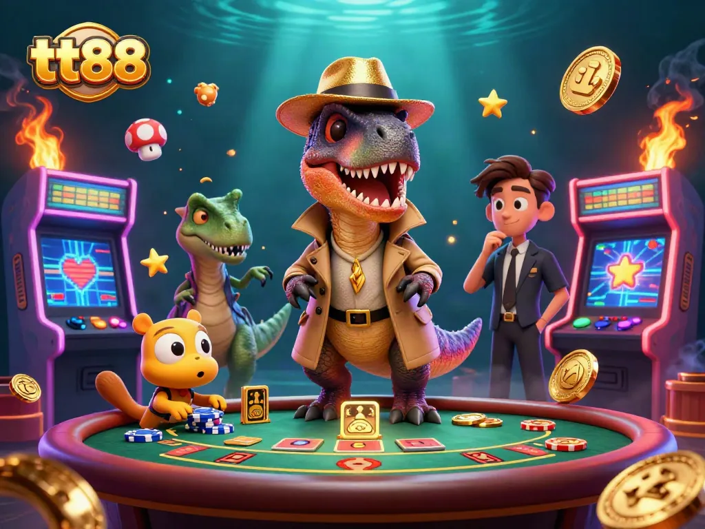 Engage in thrilling play at tt88, where a cartoon velociraptor navigates a blackjack table amidst dynamic casino elements.