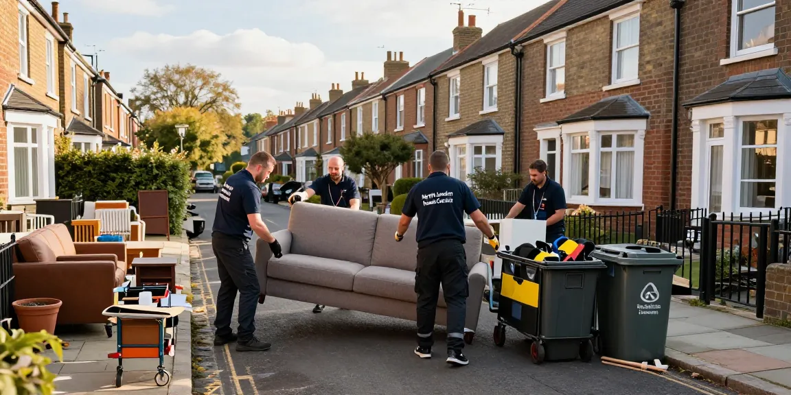 london house clearance team efficiently removing a sofa from a residential property while ensuring eco-friendly disposal