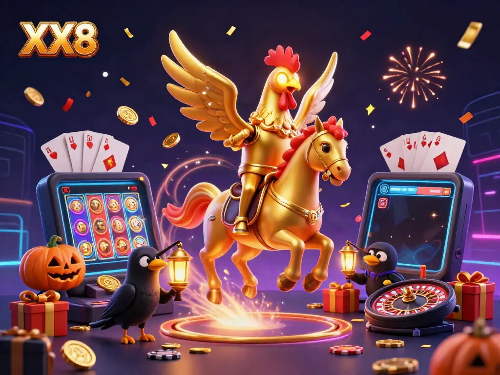 Experience exciting gaming with XX8, featuring a golden rooster in a vibrant casino environment.