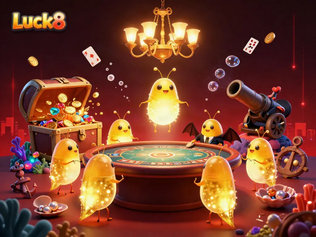 Experience the vibrant casino atmosphere at Luck8 with bioluminescent glowworms illuminating games and treasures.