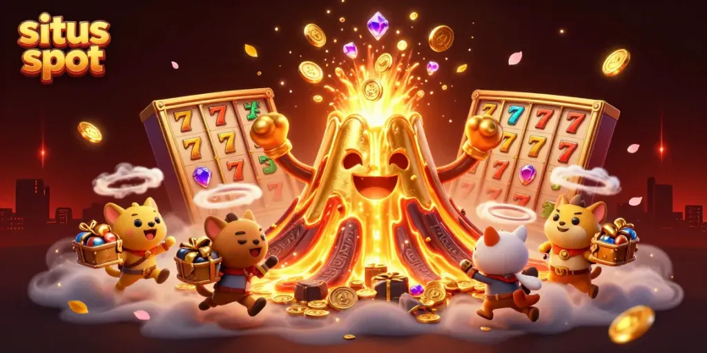 Experience the thrill of situs slot with colorful slot reels bursting with coins and treasures.