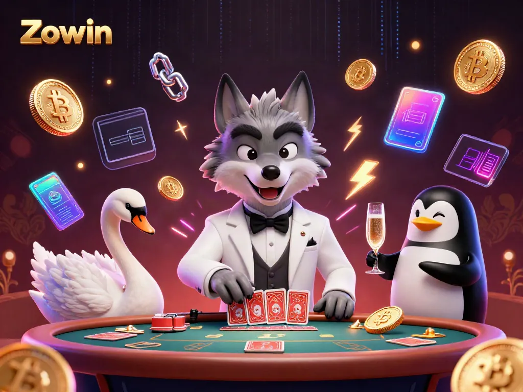 Experience thrilling baccarat with Zowin: a debonair wolf, elegant swan, and sophisticated penguin in a vibrant casino scene.