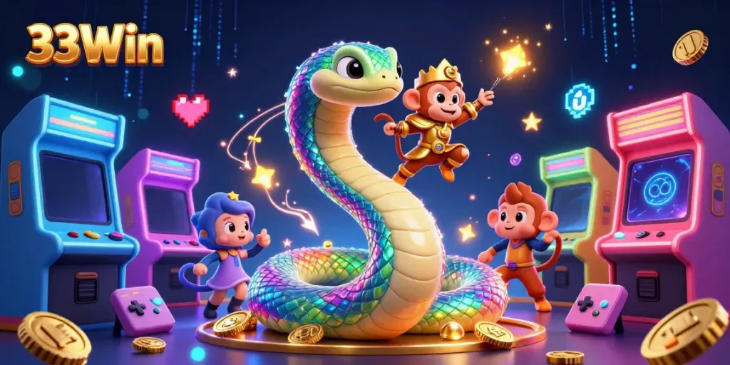 Engage with 33Win's thrilling casino experience highlighted by playful characters and vibrant gaming elements.