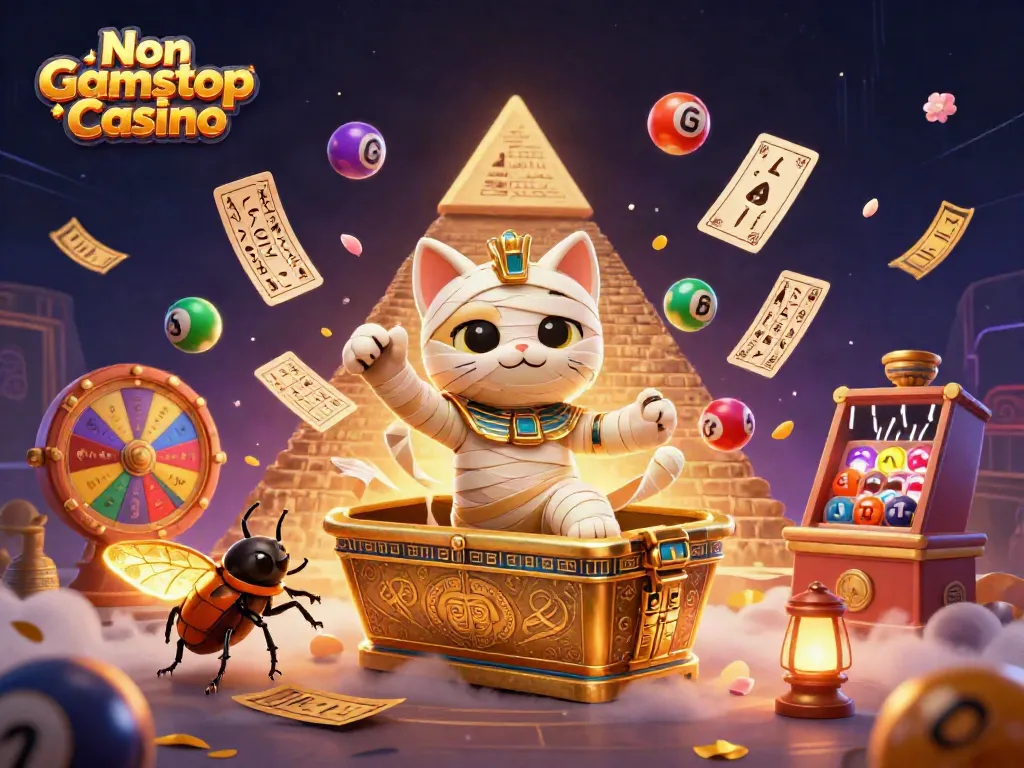 Engage with a lively Non Gamstop Casino scene featuring an Egyptian mummy cat, colorful lottery elements, and dynamic casino visuals.
