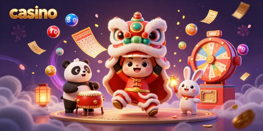 Engaging casino scene featuring vibrant characters celebrating with lottery balls and a prize wheel.