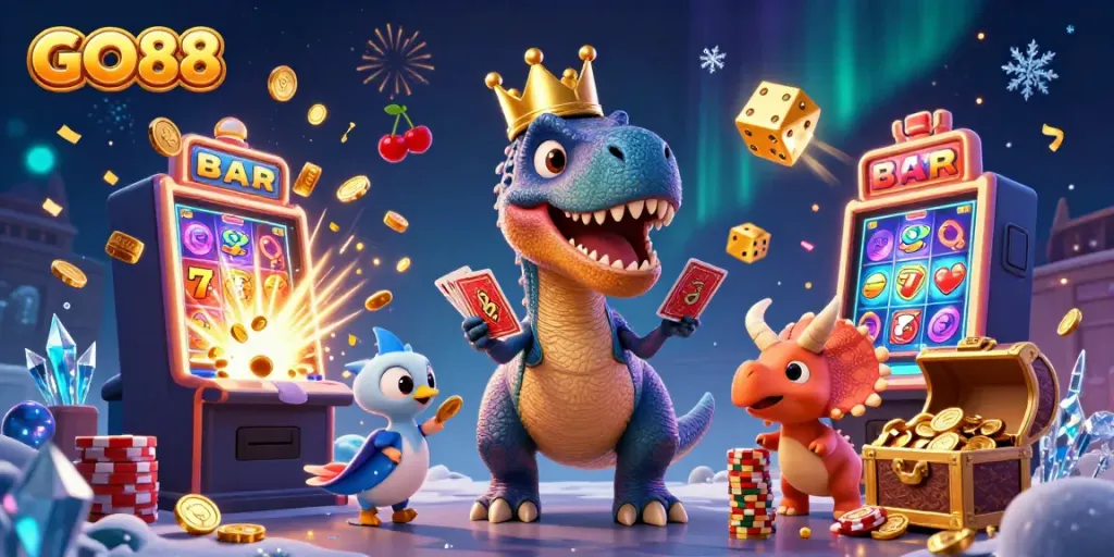 Experience the excitement of GO88 with a vibrant 3D casino scene featuring a T-Rex and friends.