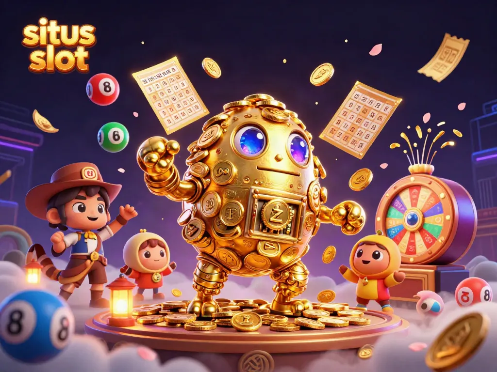 Engage with situs slot gameplay featuring a golden golem surrounded by colorful gaming elements and dynamic effects.