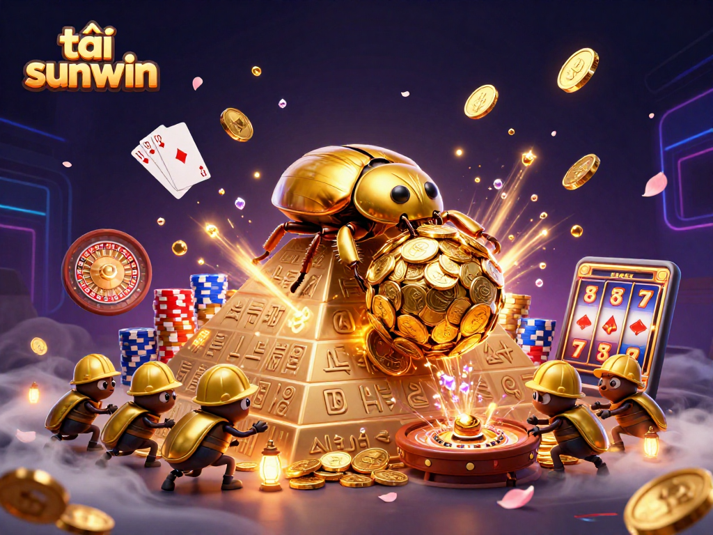 Experience excitement with tải sunwin, featuring a golden beetle and casino symbols amidst dynamic gaming elements.