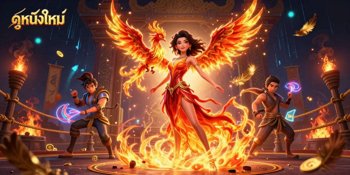 Bet on ดูหนังใหม่ in a cinematic online casino scene featuring a stunning woman and phoenix.