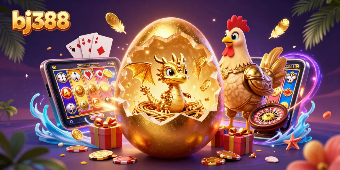 Win big while exploring bj388's exciting games with a golden dragon and vibrant casino elements.