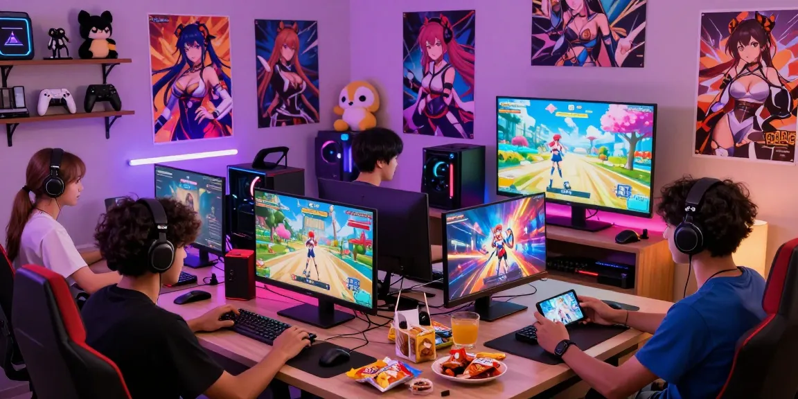Gamers enjoying a variety of hentai games in an engaging colorful setting with devices and snacks.