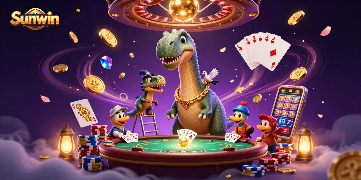 Experience exhilarating gameplay at Sunwin with a whimsical dinosaur dealer amidst rich casino elements.