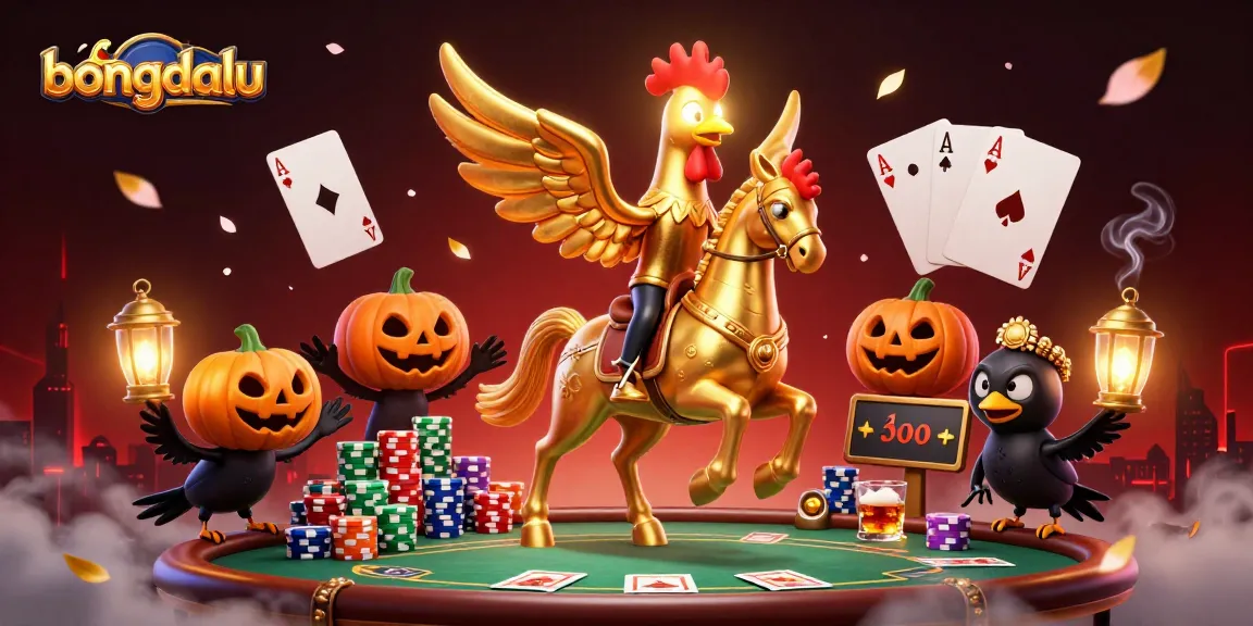 Bongdalu reveals thrilling casino action with a golden rooster headless horseman amidst lively poker elements.