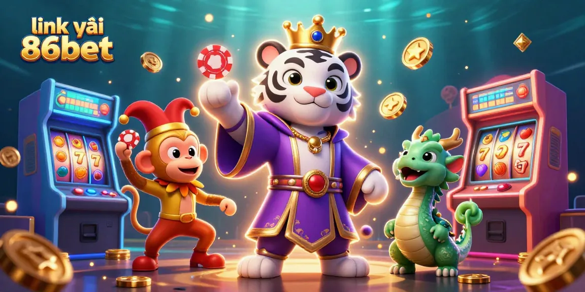Experience exciting gaming with link vào 86bet featuring a regal tiger, a jester monkey, and vibrant slot reels.